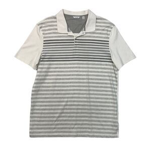Calvin Klein Polo Shirt Men XL Extra Large White Grey Stripe Cotton Short Sleeve